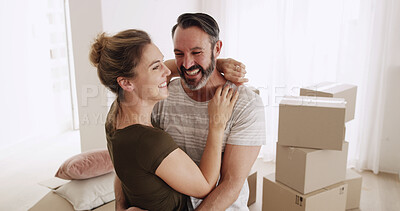 Buy stock photo New home, smile and couple hug for moving, property investment and mortgage. Happy man, woman and embrace for real estate with relocation, love and bonding together with partner in dream house