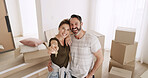 Couple, portrait and happy with keys in new home for property purchase, moving in or ownership. Above, mature man and excited woman with hug in dream house for mortgage insurance, security or support