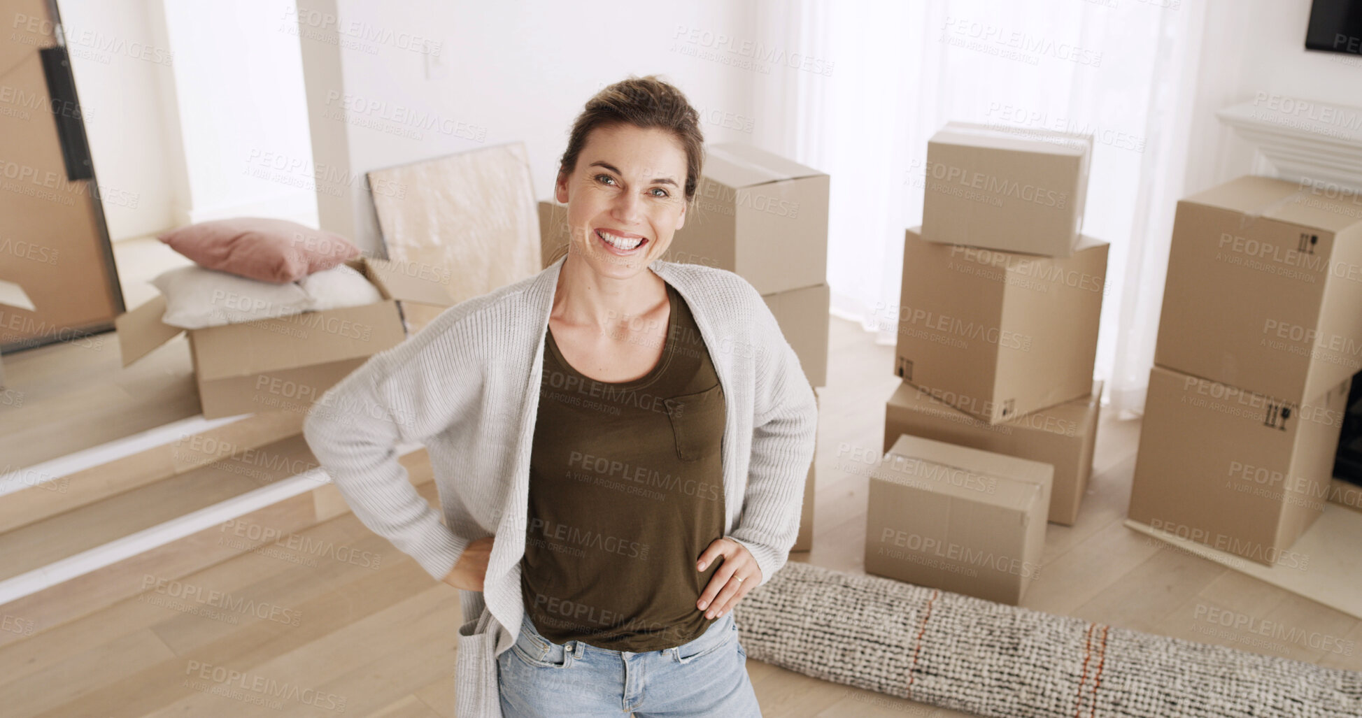 Buy stock photo Happy, boxes and portrait of woman in new home with pride for mortgage, real estate or investment. Smile, confident and female person from London with cardboard in apartment for property purchase.