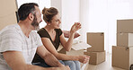 Boxes, couple or happy with key in new home for property purchase, moving in or achievement. Relocation, mature man or woman with ownership of dream house for mortgage investment, security or support
