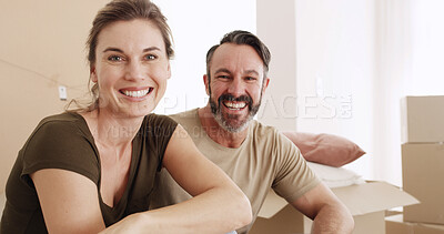Buy stock photo Portrait, new home and couple with smile, boxes or property investment with relationship. Rental apartment, mature man or woman with goals, achievement or mortgage with real estate, moving in or love