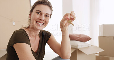 Buy stock photo Happy woman, boxes and portrait with keys in new home for investment, purchase or property. Excited, female person or homeowner with smile, access or packages for fresh start, house or apartment sale