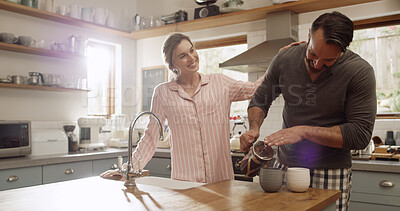 Buy stock photo Coffee, french press and smile with couple in kitchen for love, commitment and beverage mug. Happy, support and drink with man and woman bonding in home for connection, marriage and break together
