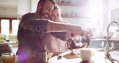 Buy stock photo Coffee, smile and morning with couple in kitchen for love, commitment and beverage mug. Happiness, support and drink with man and woman bonding in home for connection, marriage and break together