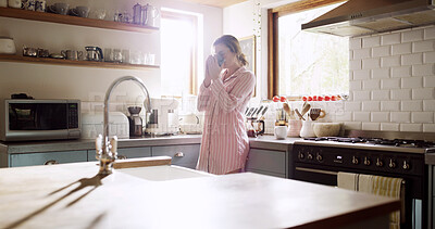 Buy stock photo Home, drinking coffee and woman in kitchen, morning and start day with lens flare. Apartment, mug and person with hot beverage, caffeine and peace with espresso, cappuccino and me time with break