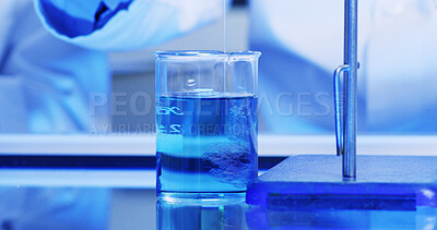 Buy stock photo Scientist, person and chemical beaker with testing for chemistry, experiment and medical research. Biotech, laboratory and development with liquid study for pharmaceutical or pathology process