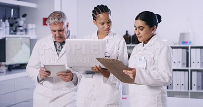 Buy stock photo Scientist, team and technology with clipboard for chemistry, experiment and medical research. Biotech, laboratory and people with laptop, tablet and pharmaceutical testing or pathology process