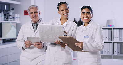 Buy stock photo Portrait, people and scientist team in lab with career pride, about us and chemistry experiment. Group, employees and tech with clipboard of medical research, pharmaceutical testing and collaboration