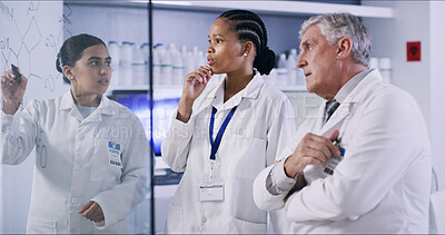 Buy stock photo People, scientist and writing on glass in lab for planning, equation and formula for experiment. Staff, notes and brainstorming for research, team investigation and medical information for vaccine