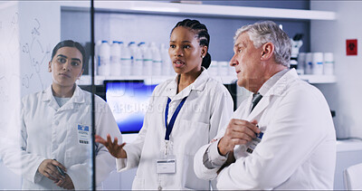 Buy stock photo People, scientist and notes on glass in lab for planning, equation and formula for experiment. Staff, explain and brainstorming for research, team calculating and medical information of vaccine study