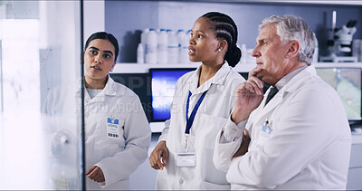 Buy stock photo Research, brainstorming and scientist with notes in lab, analysis and experiment for medical innovation. Science, pharmaceutical and people with study, collaboration and communication in healthcare