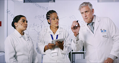Buy stock photo Glassboard, writing and people with tablet, laboratory and medical research with cooperation. Results, science and employee in workplace, biotech and chemistry test with feedback for experiment