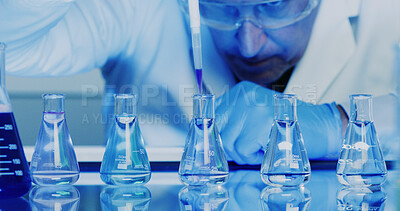 Buy stock photo Scientist, man and chemical beaker with dropper for chemistry, experiment and medical research. Biotech, laboratory and person with liquid study for pharmaceutical testing or pathology process