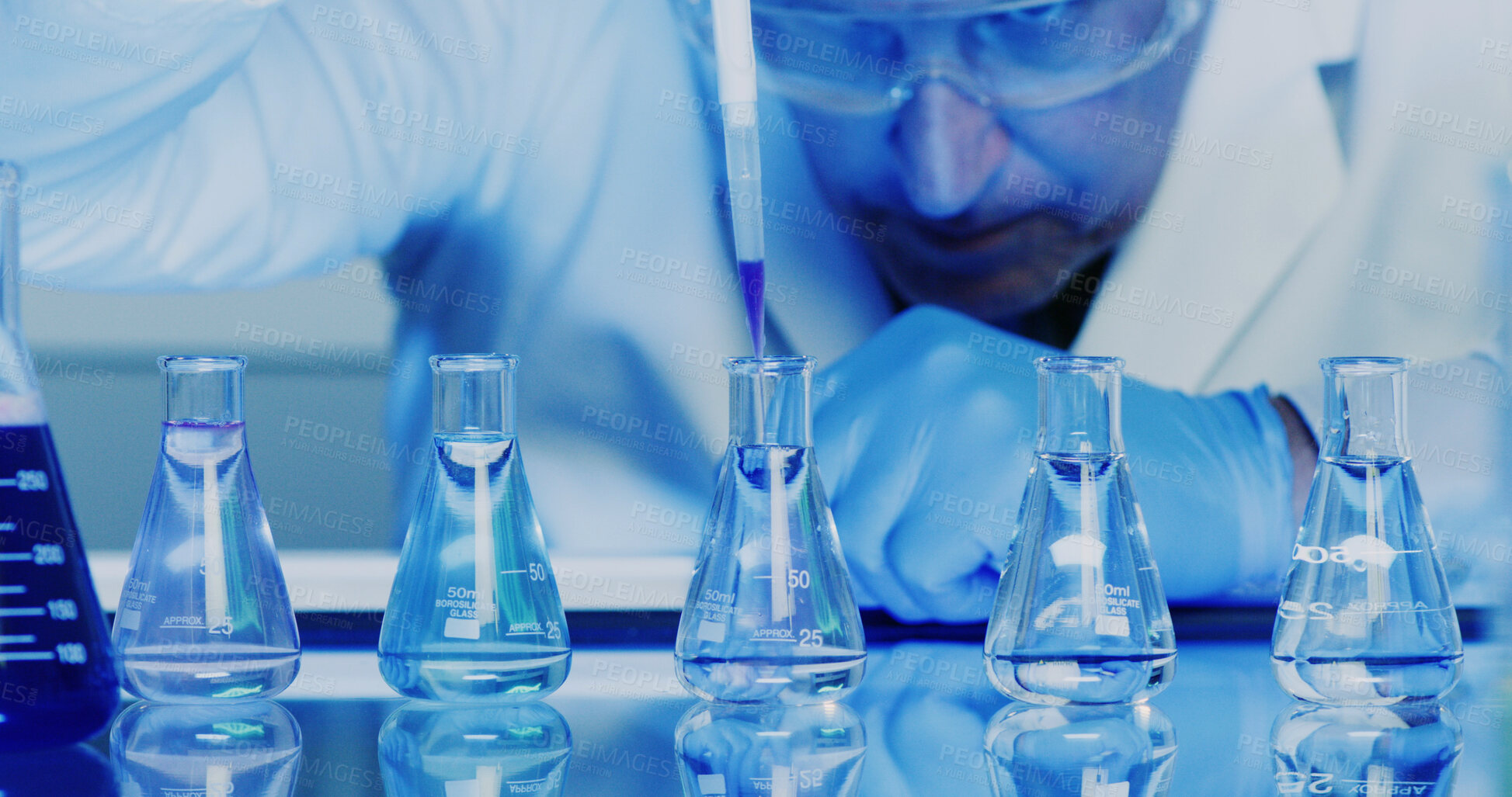 Buy stock photo Scientist, man and chemical beaker with dropper for chemistry, experiment and medical research. Biotech, laboratory and person with liquid study for pharmaceutical testing or pathology process
