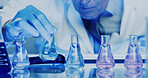 Scientist, man and chemical beaker with sample for chemistry, experiment and medical research. Biotech, laboratory and person with liquid study for pharmaceutical testing or pathology process