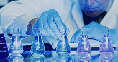 Buy stock photo Chemical, beaker and hands of man in lab for forensic pathologist, evidence research and sample analysis. Toxicology exam, medical study and liquid with scientist in clinic for drug screening trial