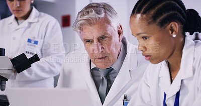 Buy stock photo Laptop, research and group of scientists in laboratory for medical study, breakthrough or experiment. Computer, healthcare and team of biologists with pharmaceutical development for innovation.