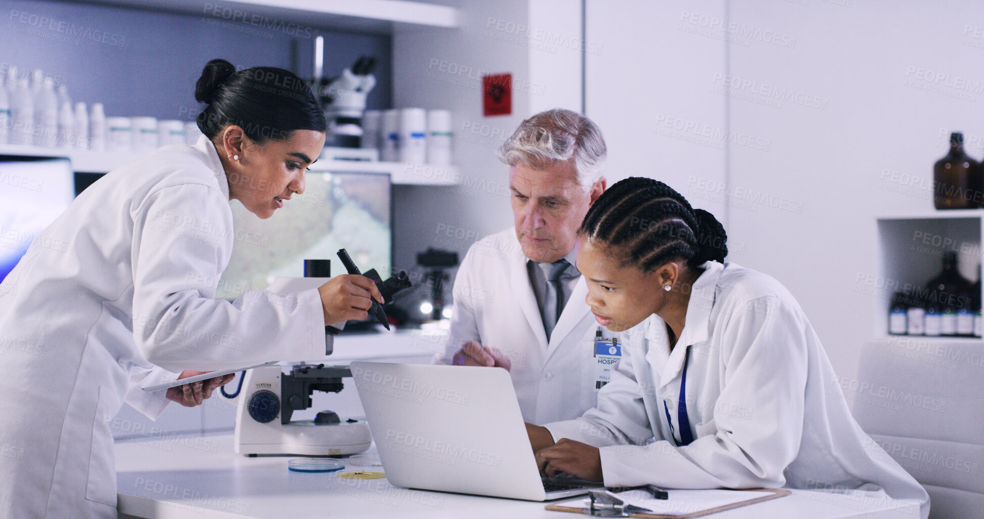 Buy stock photo Laptop, research and team of scientists in laboratory for medical study, breakthrough or experiment. Computer, people and group of biologists with pharmaceutical development for healthcare innovation