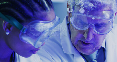 Buy stock photo Lab, scientists and team with goggles, medical research and forensic analysis with UV light and ppe. Colleagues, safety and people with eyewear to block fluorescence, collaboration and biotechnology