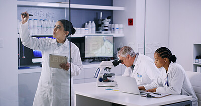 Buy stock photo Woman, scientist and writing with tablet in lab for planning, equation and formula for experiment. Female person, notes and digital for research, calculate compound and medical information on window