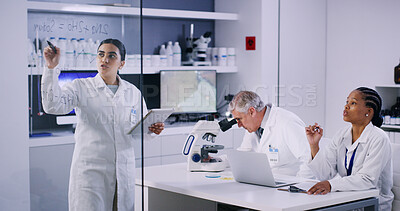 Buy stock photo Woman, scientist and explain notes in lab for planning, equation and formula for experiment. People, tablet and glass with team for research, calculate compound and medical information for vaccine