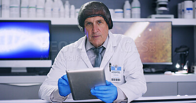Buy stock photo Man, science and portrait with tablet in lab for medical research, microbiology study and hairnet for hygiene. Scientist, PPE for safety and mature doctor with digital results for health innovation