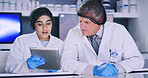Team, scientist and people with tablet in lab for medical research, microbiology study and hairnet for hygiene. Science, ppe for safety or collaboration with digital results for healthcare innovation