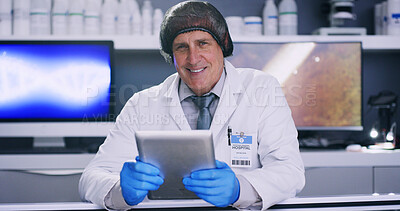 Buy stock photo Man, scientist and portrait with tablet in lab for medical research, microbiology study and hairnet for hygiene. Science, ppe for safety and mature doctor with digital results for health innovation
