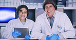Portrait, scientist and team with tablet in lab for medical research, microbiology study and hairnet. Science, ppe and collaboration with woman and mentor with digital results for health innovation