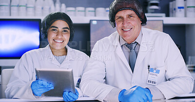 Buy stock photo Portrait, scientist and team with tablet in lab for medical research, microbiology study and hairnet. Science, ppe and collaboration with woman and mentor with digital results for health innovation