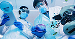 Below, people and scientist with petri dish in lab for testing sample, experiment and research. Staff, team and tablet  with multiple liquid of chemical reaction, medical study and pathogen detection