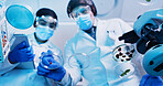 Below, people and scientist swab with petri dish in lab for testing sample, experiment and research. Team, dna mixture and multiple liquid for chemicals reaction, medical study and pathogen detection