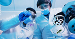 Below, people and scientist with petri dish in lab for testing sample, experiment and research. Team, pipette and purple liquid for chemical reactions, medical study and pathogen detection of vaccine