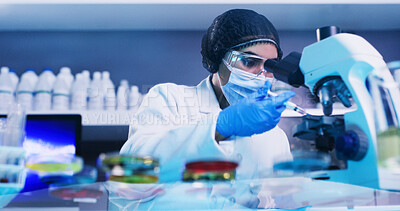 Buy stock photo Woman, scientist and injection with microscope in lab for research, medical experiment and testing dna. Female person, face mask and particles sample, genetic engineering and study virus for biotech