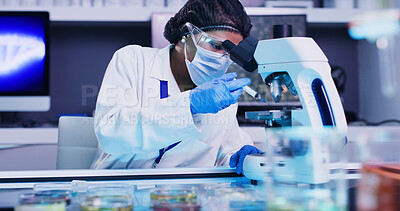 Buy stock photo Woman, scientist and sample with microscope in lab for research, medical experiment and testing dna. Female person, face mask and particles injection, genetic engineering and study virus for biotech