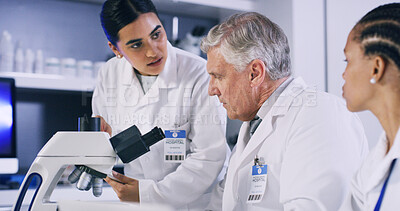 Buy stock photo Team, microscope and test with people in lab for mentorship, research or sample analysis. Dna profiling, medical study and case training with doctors in clinic for discovery and collaboration