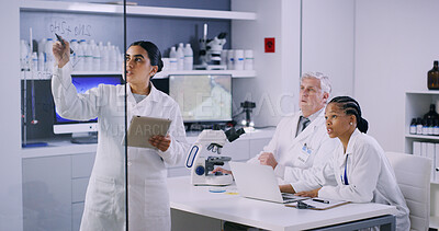 Buy stock photo Woman, scientist and writing on glass in lab for planning, equation and formula for experiment. People, notes and tablet for chemistry research, team investigation and medical information for vaccine