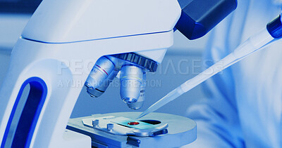 Buy stock photo Blood, microscope and test with hands of person in lab for forensic pathologist, research or sample analysis. Dna profiling, medical study and case breakthrough with scientist in clinic for discovery