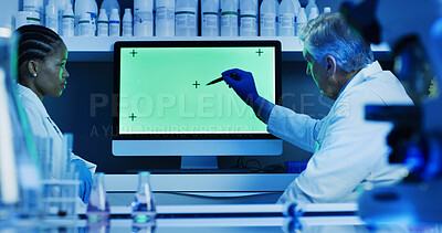 Buy stock photo Lab, scientists and people with green screen, pointing and teamwork for project or medical research. Collaboration, biologist and explaining disease to coworker, talk and cell analysis on computer