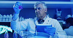 Tablet, man and scientist with beaker for test, chemical research or DNA experiment with blue light. Biochemistry, science and mature medical worker with liquid, inspection or RNA development in lab