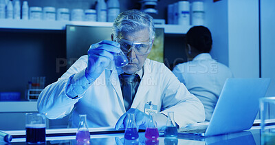 Buy stock photo Laboratory, man and scientist with beaker for test, chemical research or experiment with blue light. Chemistry, science and mature medical worker with liquid, inspection or pharmaceutical development