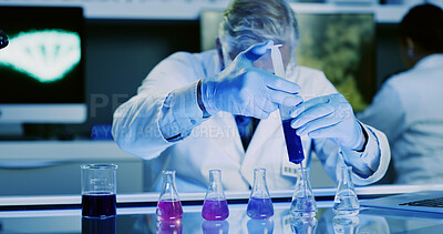 Buy stock photo Pipette, man and scientist with beaker for test, chemical research or DNA experiment with blue light. Biochemistry, science and mature medical chemist with liquid, RNA and cure development in lab