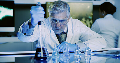 Buy stock photo Pipette, man and scientist with beaker for research, chemical test or DNA innovation with blue light. Biochemistry, science and mature medical chemist with dropper, liquid and cure development in lab
