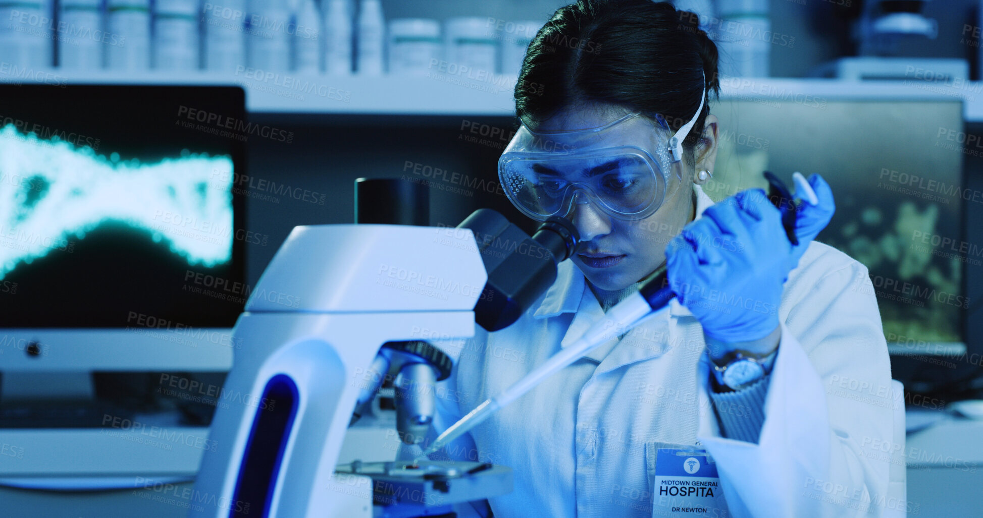 Buy stock photo Woman, scientist and pipette with microscope in lab for research, medical experiment and testing dna. Female person, goggles and sample preparation, genetic engineering and studying virus for biotech