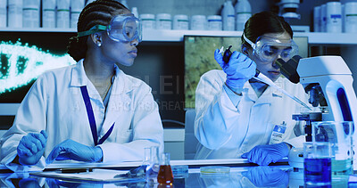 Buy stock photo Scientist, women and chemical dropper with microscope for chemistry, experiment and medical research. Biotech, laboratory and team with clipboard for pharmaceutical testing or pathology study notes