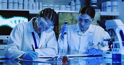 Buy stock photo Scientist, women and chemical beaker with clipboard for chemistry, experiment and medical research. Biotech, laboratory and team with study notes for pharmaceutical testing or pathology discussion