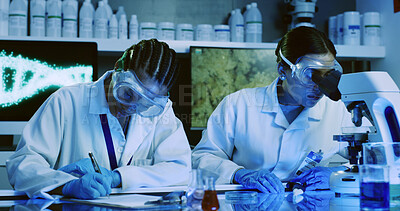 Buy stock photo Scientist, women and notes with microscope for chemistry, experiment and medical research. Biotech, laboratory and team with clipboard for pharmaceutical testing, pathology and DNA study report