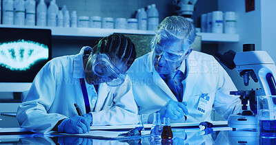 Buy stock photo Scientist, people and writing notes with microscope for chemistry, experiment and medical research. Biotech, laboratory and team with clipboard for pharmaceutical testing, pathology and DNA study