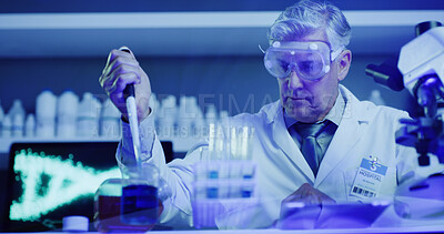 Buy stock photo Pipette, man and scientist with beaker for chemical test, research or DNA innovation with blue light. Biochemistry, science and mature doctor with dropper, RNA liquid and  medical development in lab