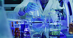 Scientist, person and chemical beaker with sample for chemistry, experiment and medical research. Biotech, laboratory and reaction with liquid study for pharmaceutical testing or pathology process
